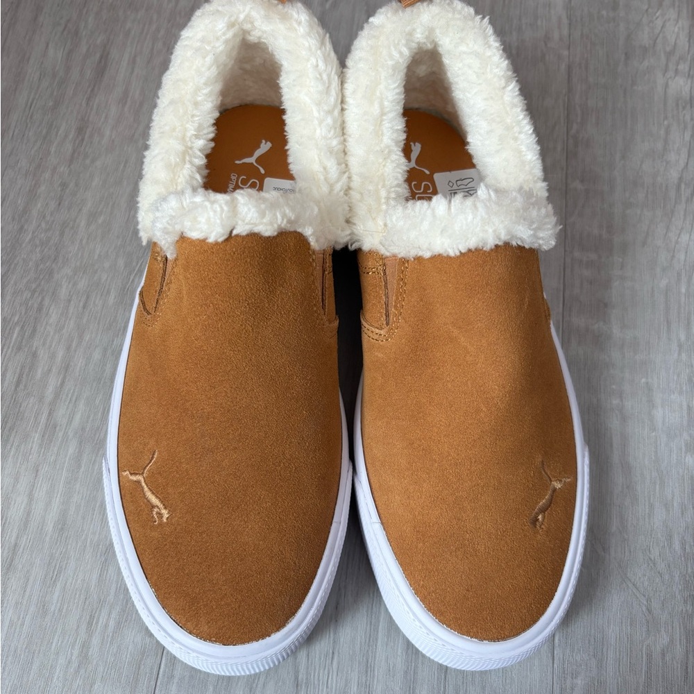 Puma Camel Suede Slip-Ons with Sherpa White Lining